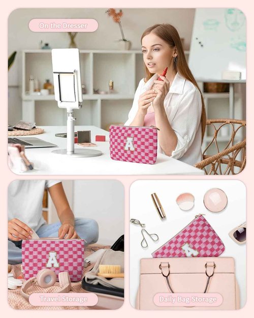 Wandering Nature Personalized Initial Makeup Bag Set – 2-Pack Small Cosmetic Pouch for Travel, Toiletry & Purse Organization, Trendy Glitter Chenille Design for Women, Moms & Daughters