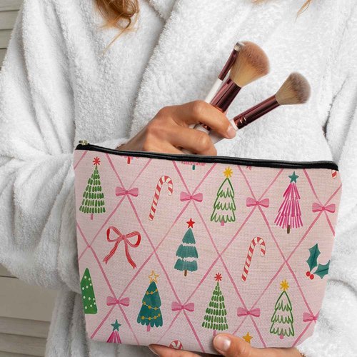 ignytiger Pink Christmas Makeup Bag, Preppy Xmas Holiday Gifts Supplies Cosmetic Bags for Women, Pink Red and Green Canvas Makeup Bags Zipper Pouches for Purse