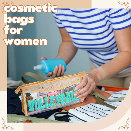 SilTriangle 6 Pcs Volleyball Makeup Bag for Women Christmas Straw Initial Letter Personalized Cosmetic Bag Cute Chenille Makeup with Zipper Travel Toiletry Gift for Women Girls Birthday Friend