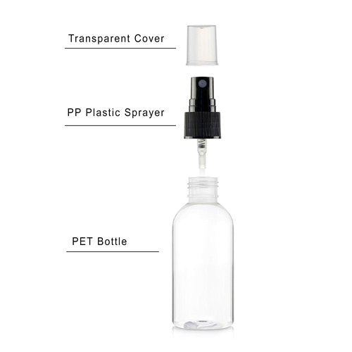 SANSHIELD 100 Pack 2 oz (60 ml) Clear PET Plastic Spray Bottles with Cap, Refillable and Reusable, Portable Travel Size Small Mist Bottles