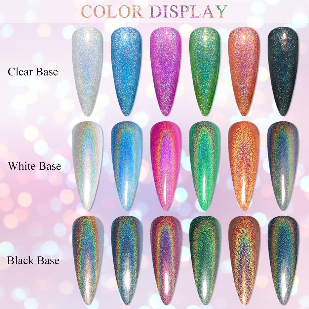 MIZHSE 6 Glitter Gel Nail Polish， 6 Holographic Gel Nail Polish, Sparkle Shiny Glitter Gel Polish Glossy Nail Lacquer Rainbow Iridescent Nail Pigment Soak Off Nail Art Gift for Ladies