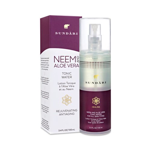 SUNDARI Neem and Aloe Vera Tonic Water, 3.4 Fl Oz, Freshening Mist for Skin Hydration, Non-Staining, Rapid Absorption, Alcohol-free, Dewy Fresh feel