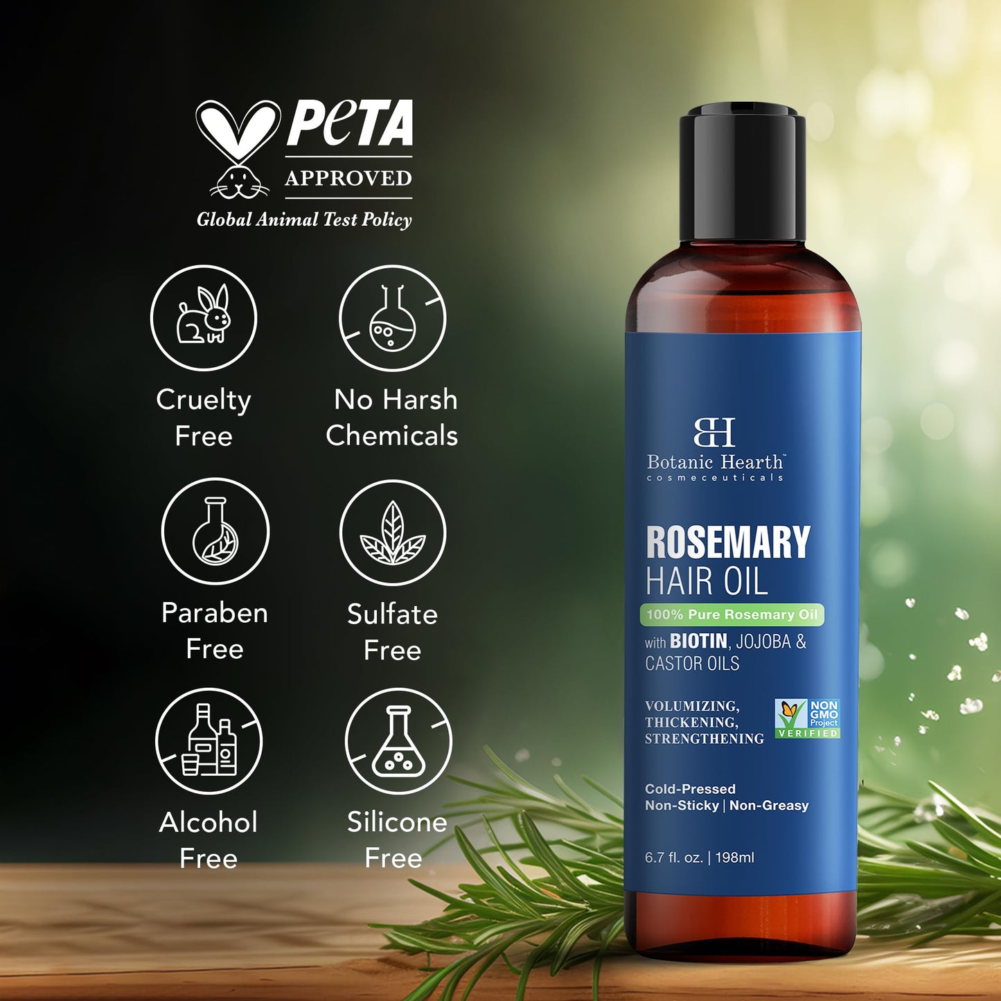 Botanic Hearth 100% Pure Rosemary Oil For Hair Growth Infused With Biotin | Hair Strenghtening Treatment | Nourishing & Volumizing | With Jojoba Oil & Castor Oil | Non GMO Verified | 6.7 fl oz