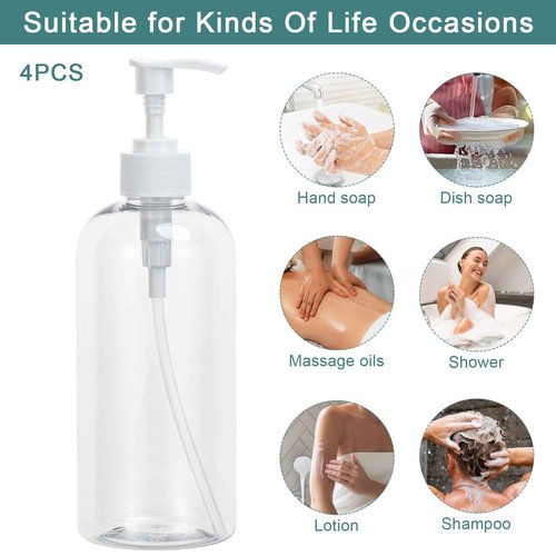 Yebeauty Plastic Pump Bottle, 4 Pack 17oz/500ml Stylish Shampoo Bottles Refillable Hand Pump Bottle Dispenser with Press for Massage Oil, Liquid Hand, Clear