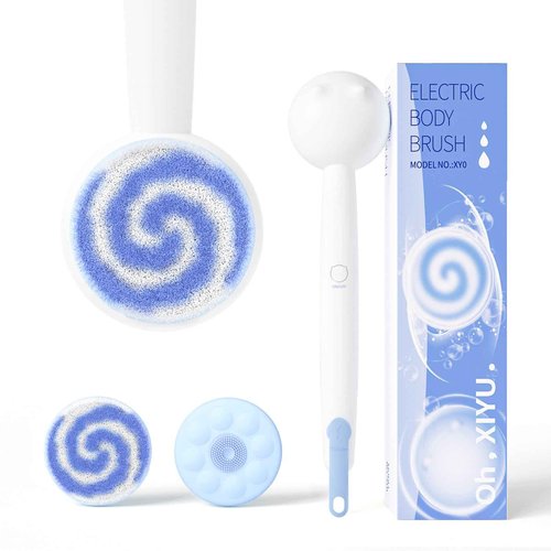 Oh,XIYU. Electric Back Scrubber for Shower Body Brush, Waterproof Shower Body Scrubber for Cleansing, Massaging, Rechargeable Bath Brush for Kids & Adults with 2 Heads & 3 Speed Modes, Milk White XY0