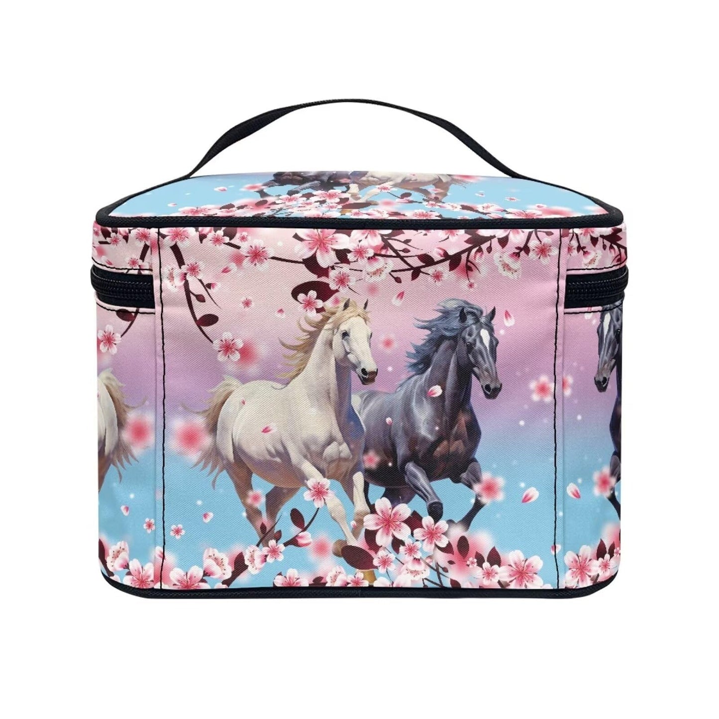 ELEDIZI Horse Makeup Bag for Women Pink Cherry Blossom Cosmetic Bag with Brush Slot Make Up Travel Bag Organizer Large Capacity Toiletry Bag with Zipper Travel Size Skincare Bag Travel Gifts for Women