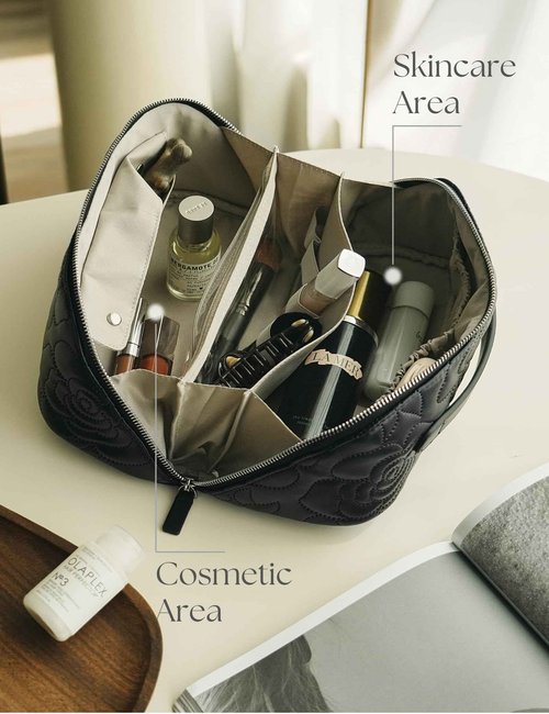 Popvibe Open Flat Makeup Bag Travel Cosmetic Case for Women, Large Capacity Toiletry Travel Bag with Zipper, Portable Aesthetic Floral Make Up Organizer Pouch with Dividers & Handle, Black, Large