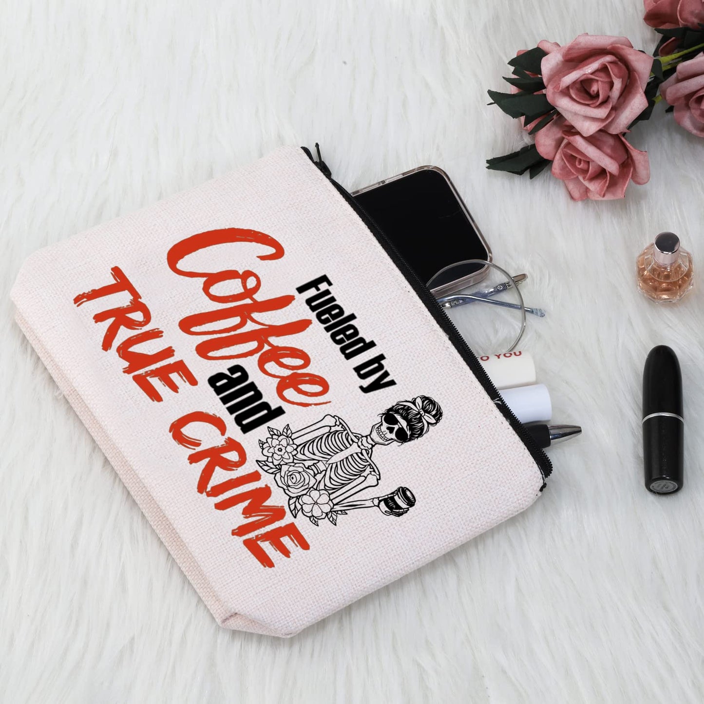 G2TUP True Crime Junkie Gift Fueled by Coffee and True Crime Makeup Bag Cosmetics Bag Crime Show Gift Murder Show Travel Bag