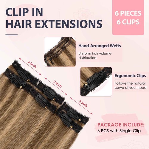 TESS Clip in Hair Extensions Human Hair with Single Clip Lace Weft Straight Highlight Add Volume 6 Pcs 6 Clips, 14 Inch, Chocolate Brown Mixed Light Brown