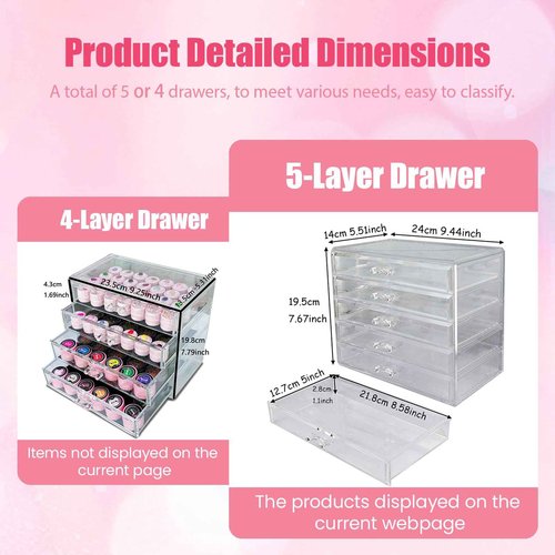 Guolich 5 Tier Nail Art Decoration Storage Box，Acrylic Make Up&Jewelry Organizer with Drawers, Cosmetic Storage for Dresser Countertop and Bathroom，Transparent Acrylic Nail Art Jewelry Accessories