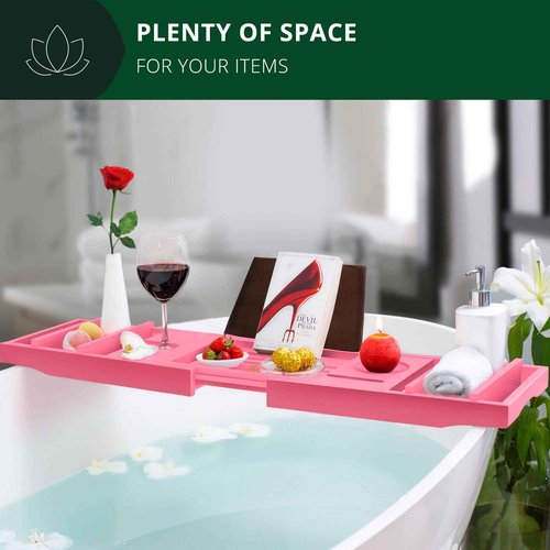 ROYAL CRAFT WOOD Luxury Bathtub Caddy Tray, One or Two Person Bath and Bed Tray, Bonus Free Soap Holder (Pink)
