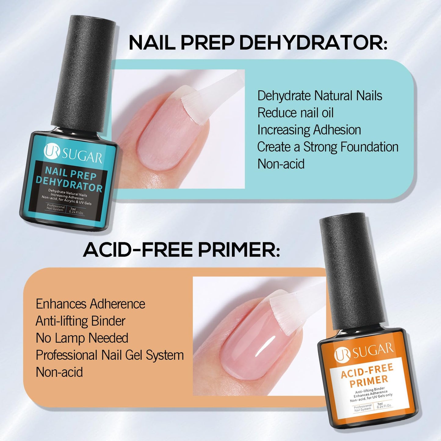 UR SUGAR 4 Pcs Nail Dehydrator Nail Primer Base and Top Coat, Acid Free Natural Nail Prep Dehydrate & Bond Primer Kit, Glossy Surface Quick Drying Long Lasting and Easy to Apply