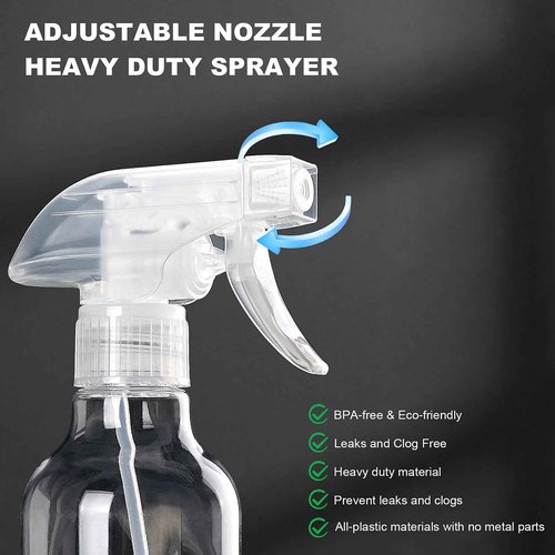 Hethyo Plastic Spray Bottles 12oz 2 Pack Adjustable Mist/Stream Spraying Heavy Duty Square Water Spray Bottles for Hair, Cleaning Solutions, Plants，Essential Oils (Clear)