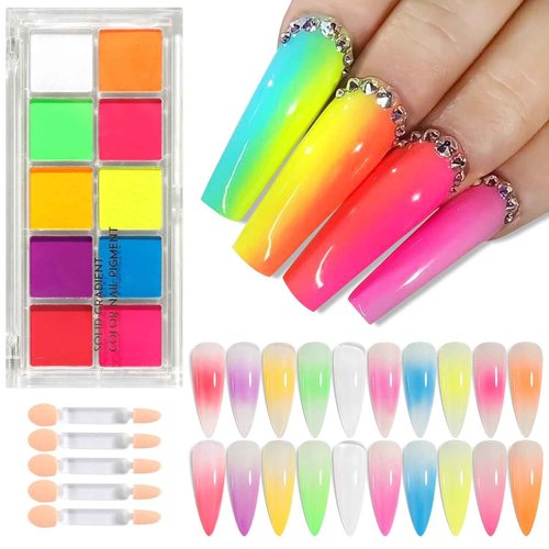 Fcozpjk Neon Phosphor Pigment Powder Set - 10 Colors Solid Neon Pigment for Nails, Fluorescent Glitter Aura Nail Dust Manicure Rub for Summer Ombre Gradient Decoration