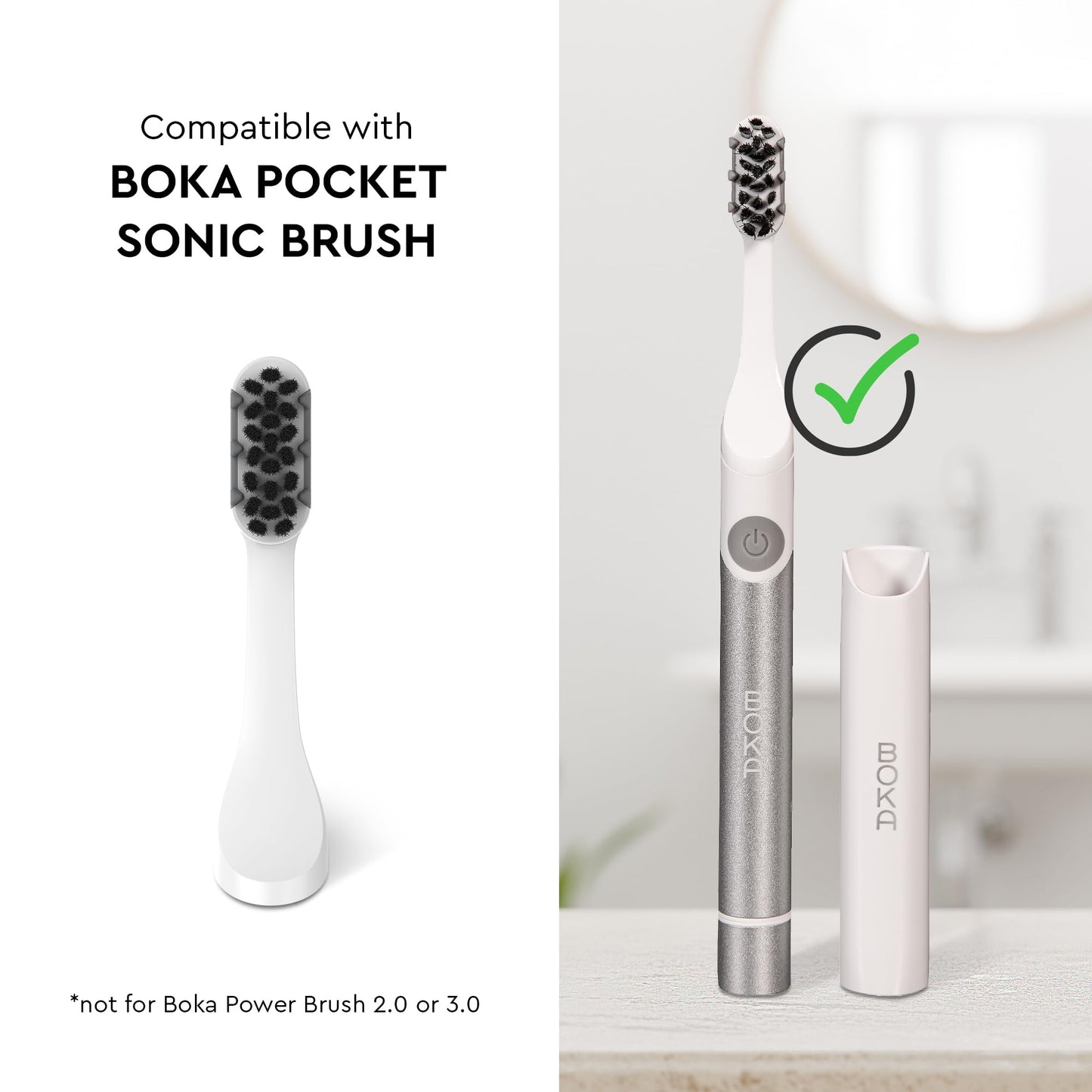 Boka Pocket Replacement Toothbrush Heads for Sonic Powered Electric Toothbrush, White (2 Heads)