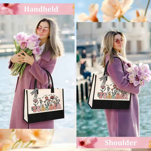 Tecanne Teacher Appreciation Gifts, Canvas Tote Bag and Makeup Bag Set for Women, Thank You Christmas Gift from Student