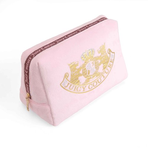 Juicy Couture Pink Makeup Bag Cosmetics Organizer Travel Essentials Zip Top Wedge Gold Terroir Dog Rhinestone Crown Velour