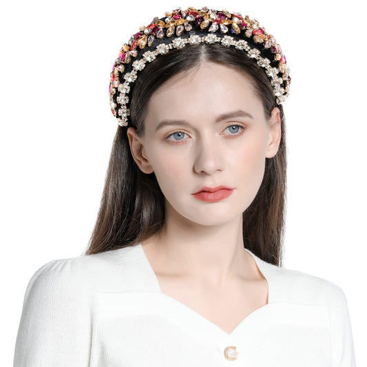 QIANXUAN Crystal Rhinestone Headbands For Women White Pearl Headbands For Girls Padded Headband Black Velvet Jewelry Chain Hairband Handmade Pearly Flower Retro Filling Diamond Hair Accessories (Rhinestones Headband-98)