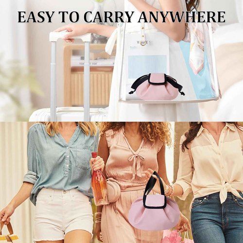 FANGENKE Drawstring Makeup Organizer,Lay Barrel Makeup Bag Cosmetic Bag Toiletry Bag for Travel,Portable Waterproof Make Up Bags for Women Brush Toiletries Accessories (Pink, Large)