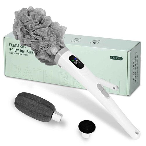 Goldium Electric Body Brush Back Scrubber for Shower - 3 in 1 Waterproof & Rechargeable with Long Handle, 3 Heads & 2 Speeds for Foam Generating, Cleansing, Exfoliating, Foot Callus Remover