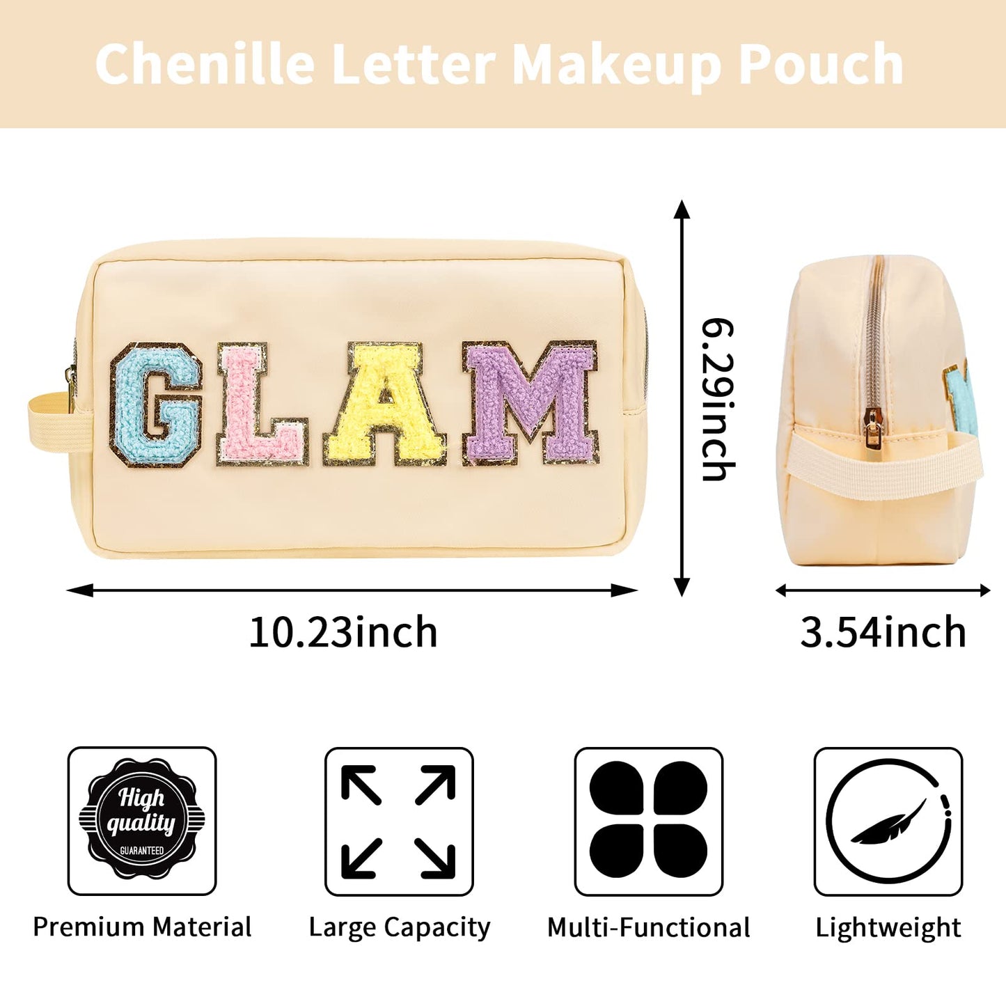 Iqimott Preppy Patch Makeup Bag, Chenille Letter Makeup Pouch Small Toiletry Bag for Women Girls, Nylon Organizer Zipper Pouch Cosmetic Purse for Travel(Beige, Glam)