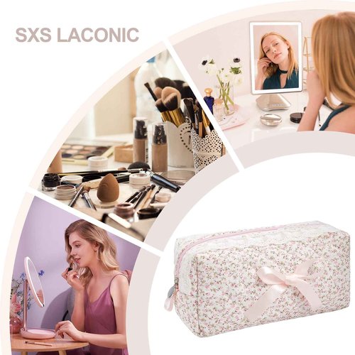 SXS LACONIC Quilted Makeup Bag,Travel Coquette Cosmetic Brush Pouch,Cute Bow Floral Make up Organizer Handbag,Large Capacity Toiletry Bag