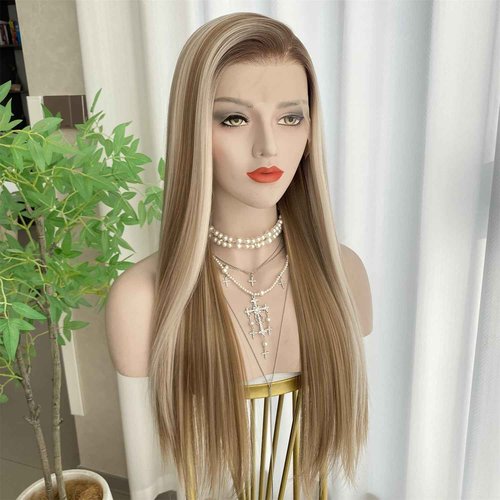 VASTCURY Light Honey Blonde Wigs Highlight Platinum Ombre Color 13x4 Synthetic Fiber Lace Front Wig Long Silky Straight 22Inch Pre Plucked Hairline for Women
