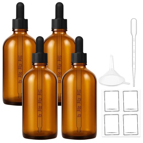 Bumobum 100ml Dropper Bottle, Amber Glass Dropper Bottle with Glass Measured Dropper, 3.4oz Empty Eye Tincture Bottles with Funnel, Pipette & Labels for Essential Hair Oils Serums, 4 Pack