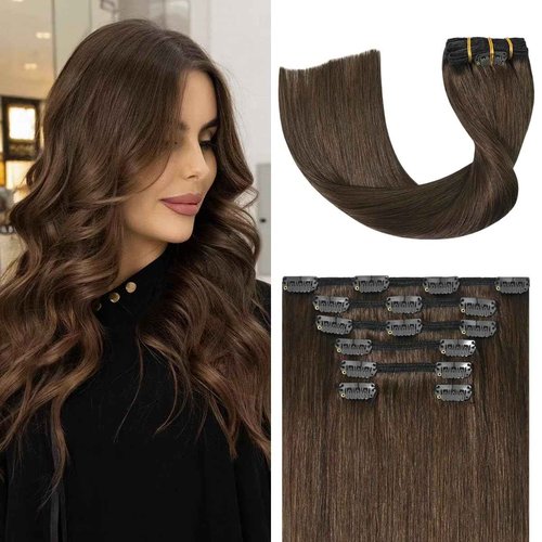 UGOTRAYS Medium Brown Hair Extensions Real Human Hair Clip ins for Women, 70g 7pcs 15inch,Soft & Natural Straight Double Weft for Women #4 Chocolate Brown Human Hair Extensions