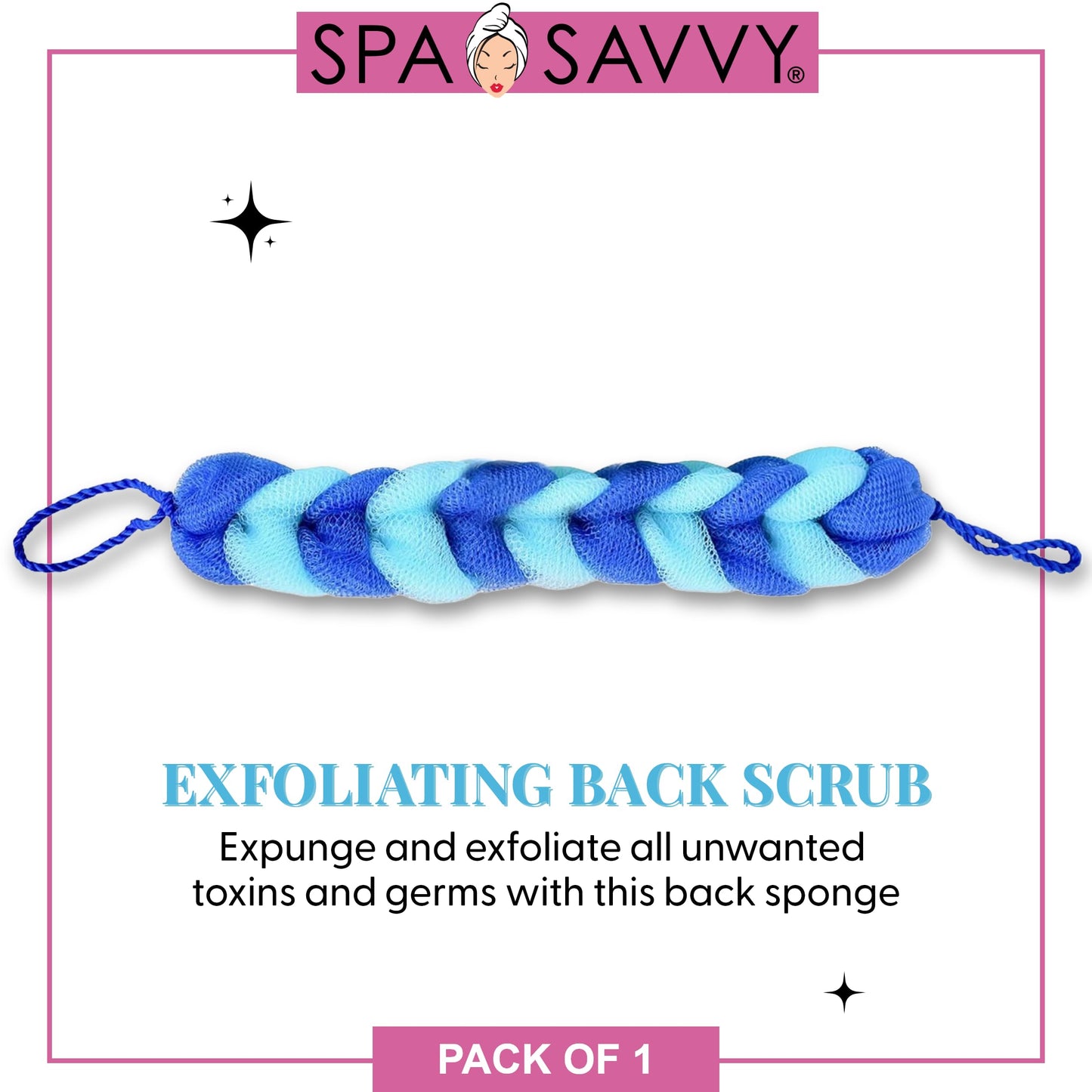 Spa Savvy Bath Loofah Body Scrubber with Rope Handles, Long Stretch Shower Back Sponge, Back Scrubber Mesh Exfoliating Braided Body Scrub for Men and Women, Blue