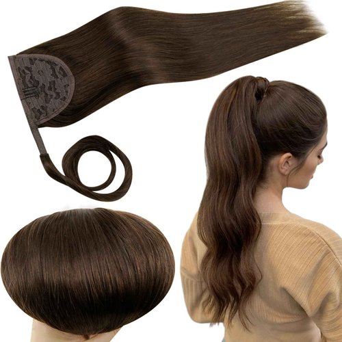 RUNATURE Hair Ponytail Extension Short Human Hair Extensions Ponytail #4 Brown Thick Wrap Ponytail Hair Extensions with Clips Straight Real Hair Pony Tail Extensions Silky 14 Inch 70g
