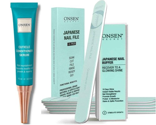 Onsen Secret Cuticle Conditioner Cream 15ml, 3 Way Japanese Nail Buffer Block, 6pcs Nail File Dual Grit. Cuticle Oil Nail Care Serum Sooth, Repair & Strengthen Cuticles & Nails + Shape & Shine Kit