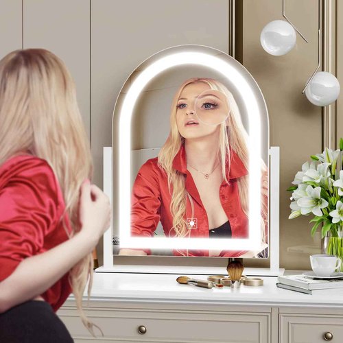 Gvnkvn Lighted Makeup Mirror, Hollywood Vanity Mirror with Lights, Three Color Lighting Modes, LED Mirror, Smart Touch Control, 360°Rotation (15.2in. Curved)