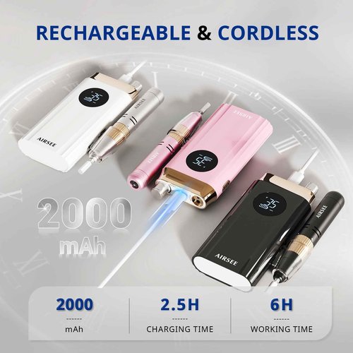 AIRSEE Professional Portable Nail Drill 35000RPM,Rechargeable Cordless Nail Drill for Manicure Salon Home, Eletric NALI E File for Acrylic Nails Gel Polishing Removing, EW4 Pink