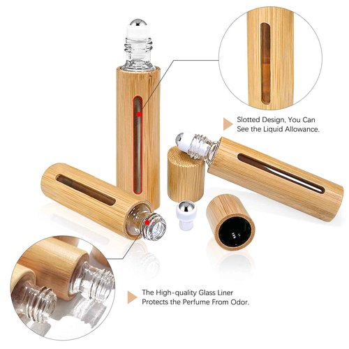 MYKASEN 12Pcs 10ml Roller Bottles Balls for Essential Oils, Roll on Bottles with Bamboo Shell Clear Glass Inner, Portable Refillable Perfume Sample Bottle with Stainless Steel Ball
