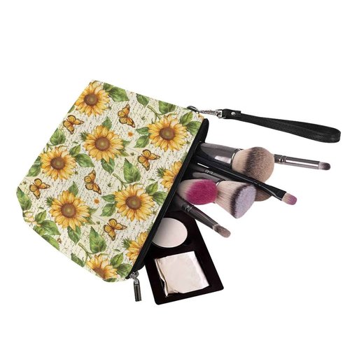 Suhoaziia Retro Sunflower Butterfly Cosmetic Bag for Women Travel Organizer Makeup Bag Zipper Purse Lightweight Toiletry Organizer Pouch Clutch Bag with Wrist Strap