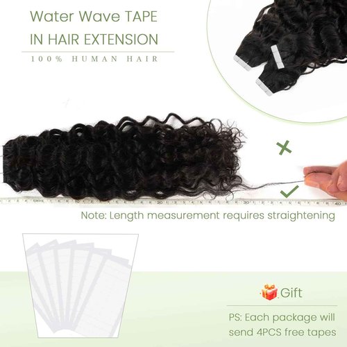 Curly Tape in Hair Extensions,14inch Natural Black Water Wave Real Human Hair Tape in Extensions 20pcs 50g Black Wavy Tape on Hair Extensions for Black Women