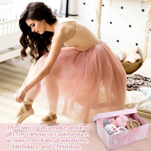 Teenyyou 6 Pcs Ballerina Recital Dance Gifts for Girls Glitter Pink Bracelet Pom Pom Keychain Makeup Bag Socks Funny Mug Stuff for the World International Dance Day for Daughter Granddaughter Friends