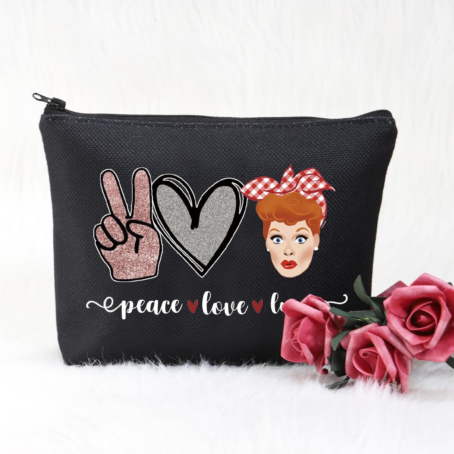 POFULL TV Show Inspired Gift Lucy Fan Gift Peace Love Lucy Makeup Zipper Pouch Bag For Women (Black peace love luc Bag)