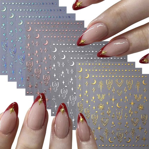 12 Sheets Star Nail Art Stickers Decals 3D Self-Adhesive Silver Gold Moon Nail Stickers Aurora Rose Gold Nail Decals Supplies for Nail Art Design Accessories for Women