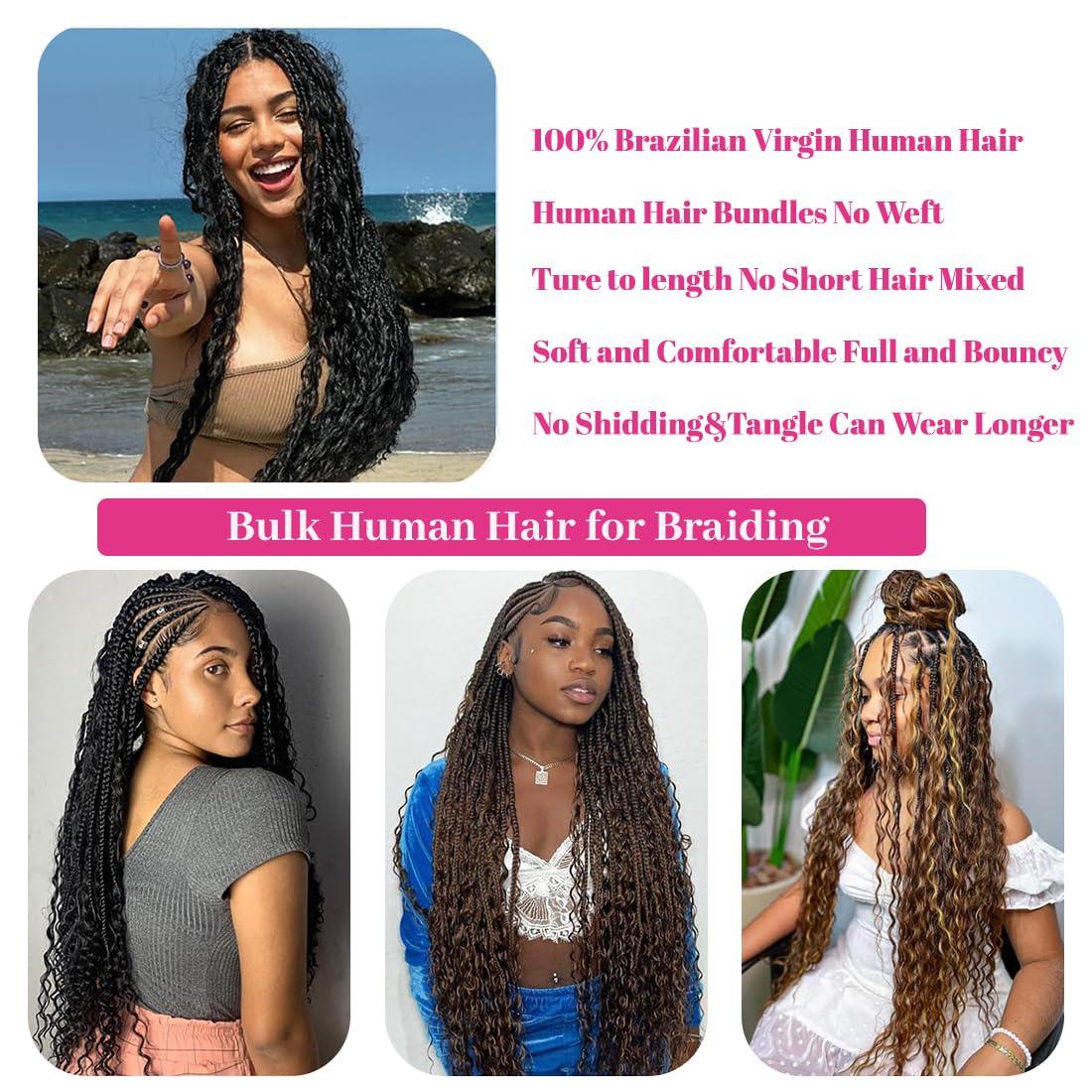 Human Braiding Hair 2 Bundles 100g 28 Inch Deep Wave Bulk Human Braiding Hair For Boho Braids No Weft Curly Boho Knotless Braids Wet And Wavy Brazilian Unprocessed Virgin Hair Extensions Natural Color