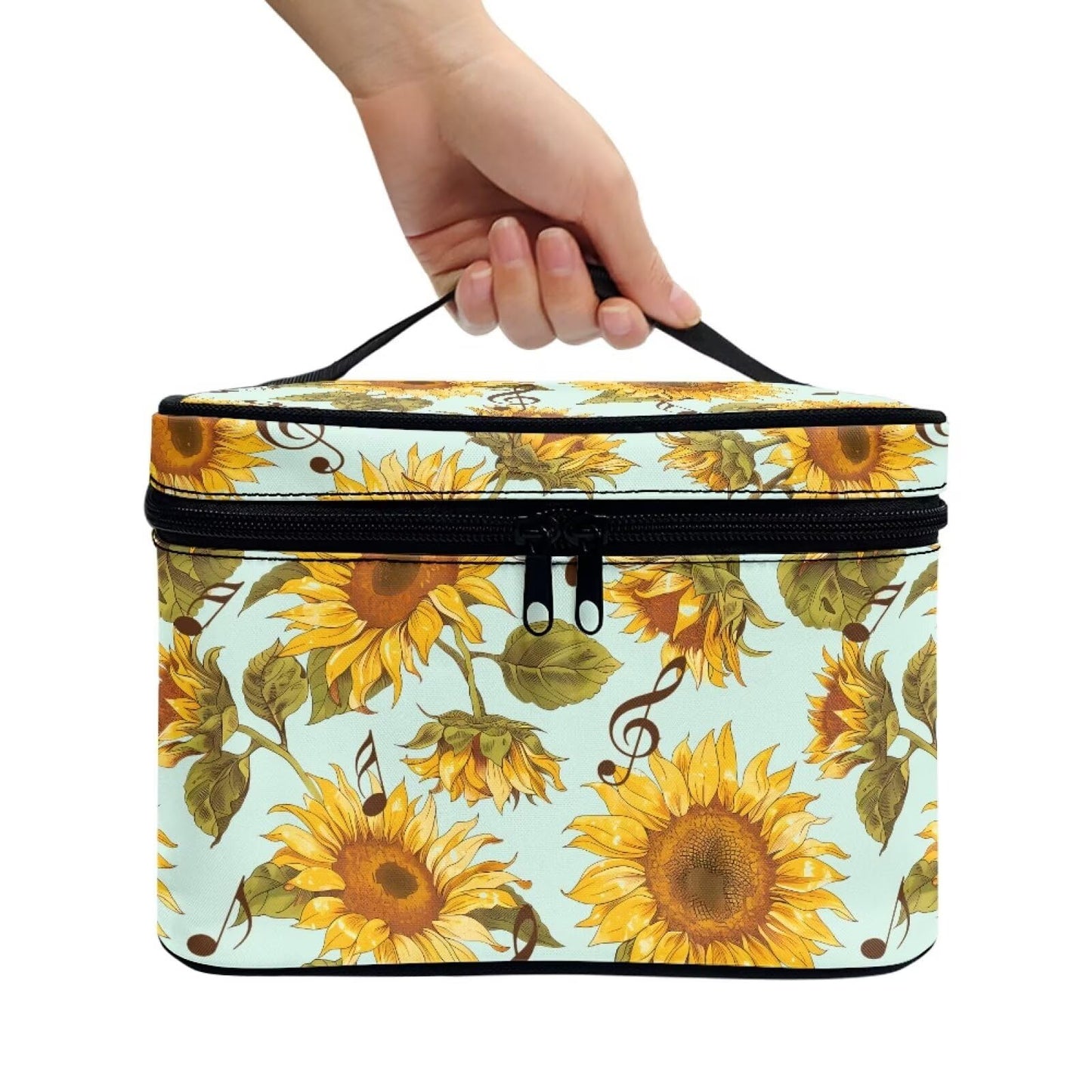 Psaytomey Travel Toiletry Bag Sunflower Music Printed Makeup Brush Bag Case Multifunctional Cosmetic Organizer Durable Makeup Pouch with Handle and Divider