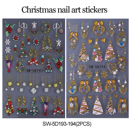 5D Embossed Christmas Nail Stickers for Nail Art - Gold Glitter Nail Art Stickers Xmas Tree Elk Deer Nail Decals Cartoon Nail Supplies for Women DIY Christmas Decorations 2 Sheets