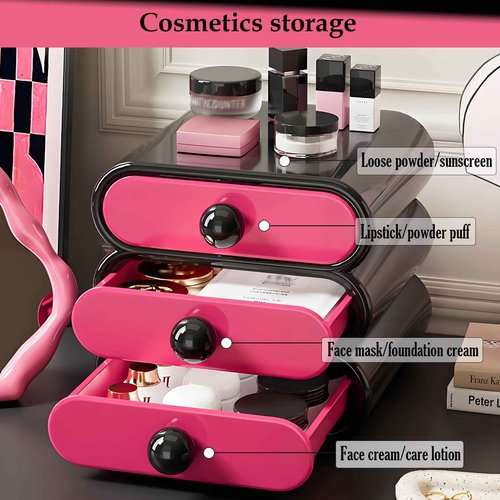 MavHubrix 3-Tier Drawer Makeup Organizer for Vanity Small Desk - Non-Stackable Cosmetic Storage Holder for Bathroom Counter & Office Desktop -7.9x7.5x7.3in (Black Red)