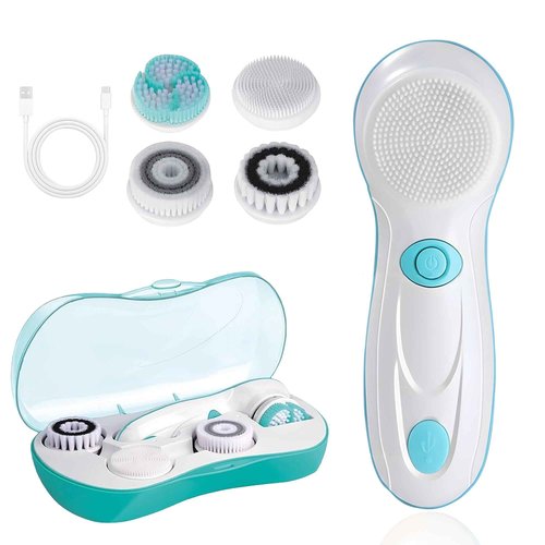 Facial Cleansing Brush, Electric Face Scrubber with 4 Cleanser Heads and 2 Speeds Adjustable for Deep Cleaning, Portable Rechargeable and Waterproof Face Wash Brush for Women & Men (Green)