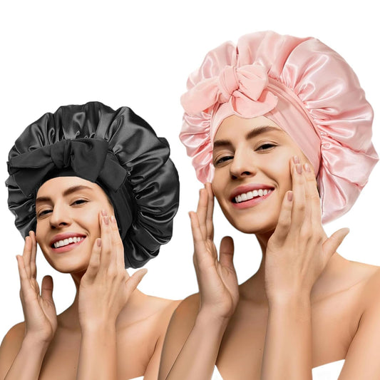 2Pc Silk Bonnet Satin Hair Bonnet With Tie Band for Sleeping Large Bonnets Hair Wrap with Adjustable Straps Hair Shower Cap Sleep Caps for Women Curly Braid Hair（Black+Coral Pink）