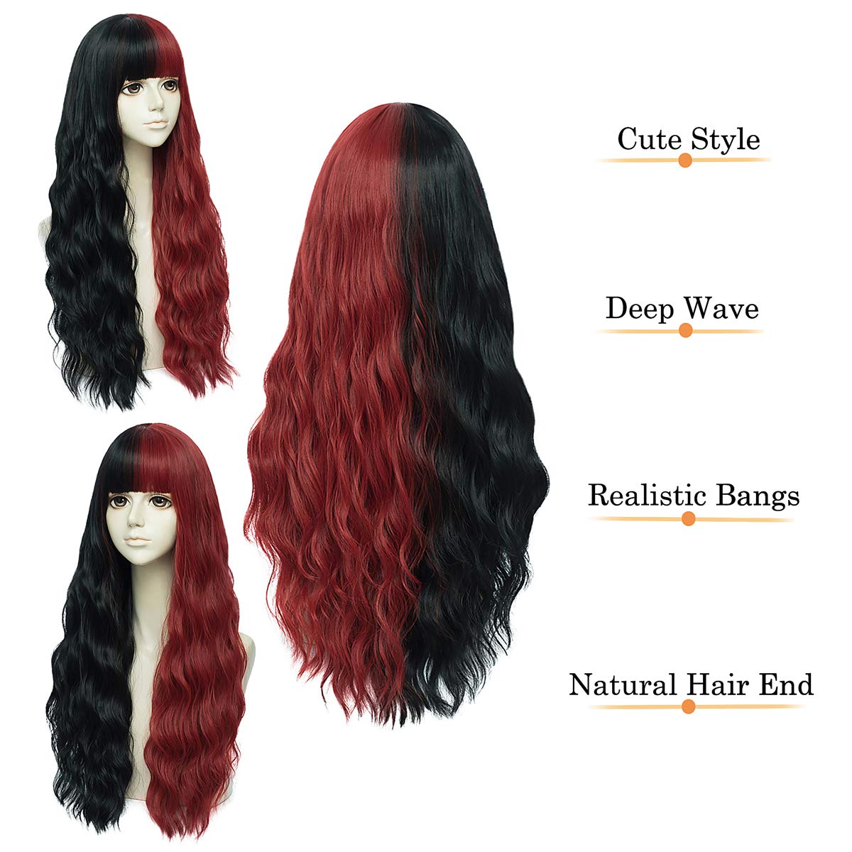 Mildiso Red and Black Wigs for Women 26’’ Long Curly Wavy Hair Wig with Bangs Natural Cute Synthetic Wig with Wig Cap for Party Halloween M062BKR