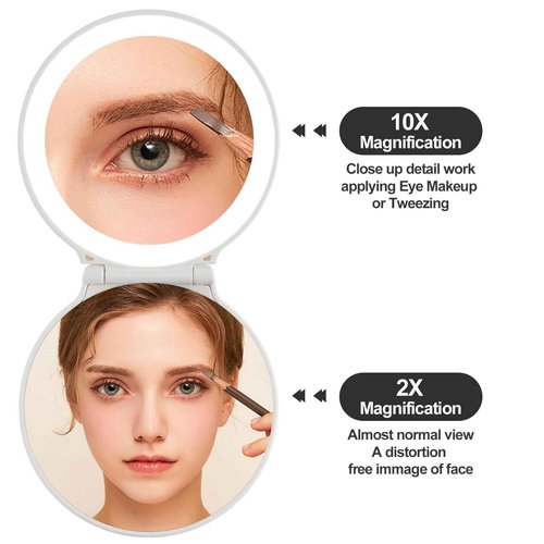 Makefango Compact Makeup Mirror with Lights - 3.5" Portable, 2-Sided, Lightweight & Shatterproof, Folding Magnifying Mirror 2X/10X, for Women