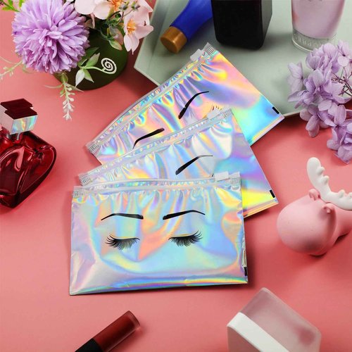 Kajaia 60 Pack Holographic Lash Aftercare Bags Empty Eyebrow Eyelash Cosmetic Makeup Bag 6 x 4 in EVA Zipper Beauty Gift Pouches for Women Girls Small Business(Colorful)