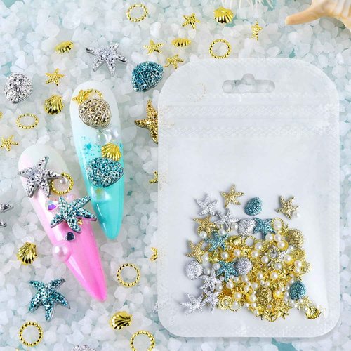 Summer Beach Sea Shell Nail Studs 3D Gold Silver Blue Starfish Nail Charms with Pearls Ocean Theme Resin Charms for Women Manicure Supplies Decorations DIY Craft Jewelry
